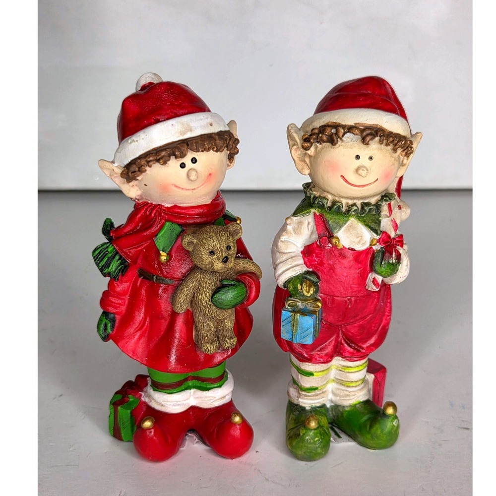 Vintage Christmas Elf Figurines Set of 2 Red Green Resin Holiday Decor 5 inch